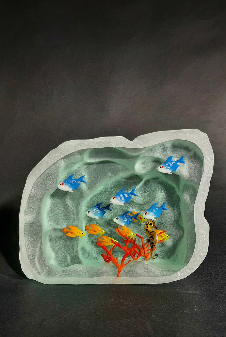 Sculpture poissons n°31 d’Yves Trucchi, poissons bleus et orange, corail et hippocampe, présentée en format vertical