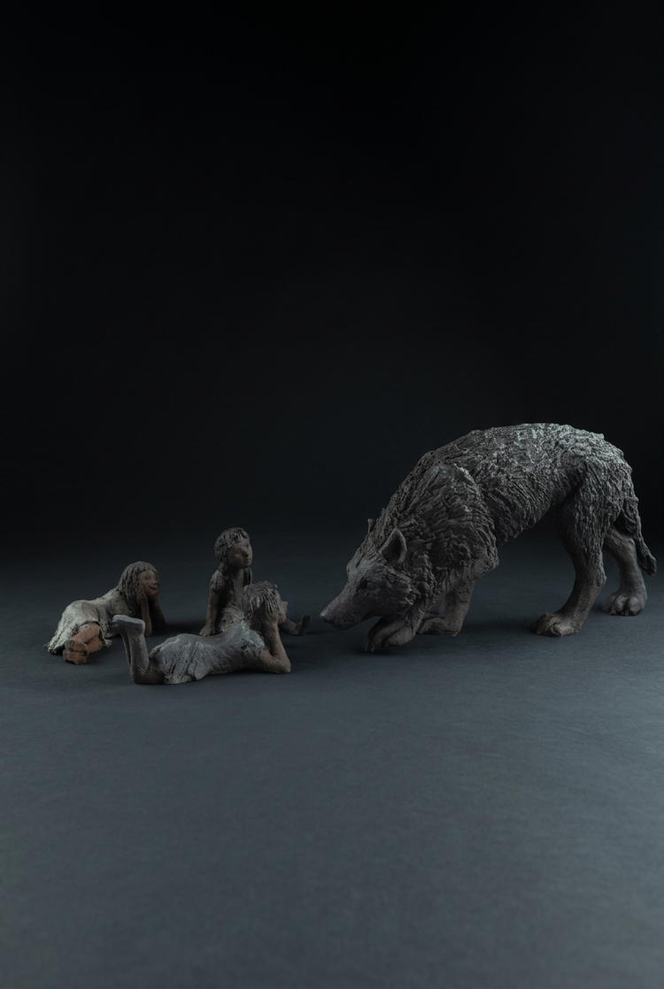 La problématique du loup de Sophie Verger, loup face à trois enfants, présentée en format vertical