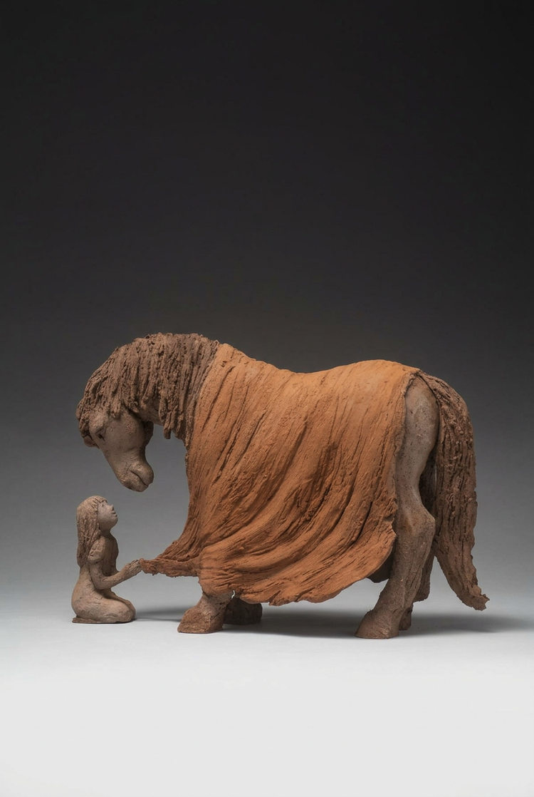 Bien au chaud de Sophie Verger, cheval sous une couverture et petite fille agenouillée, présentée en format vertical
