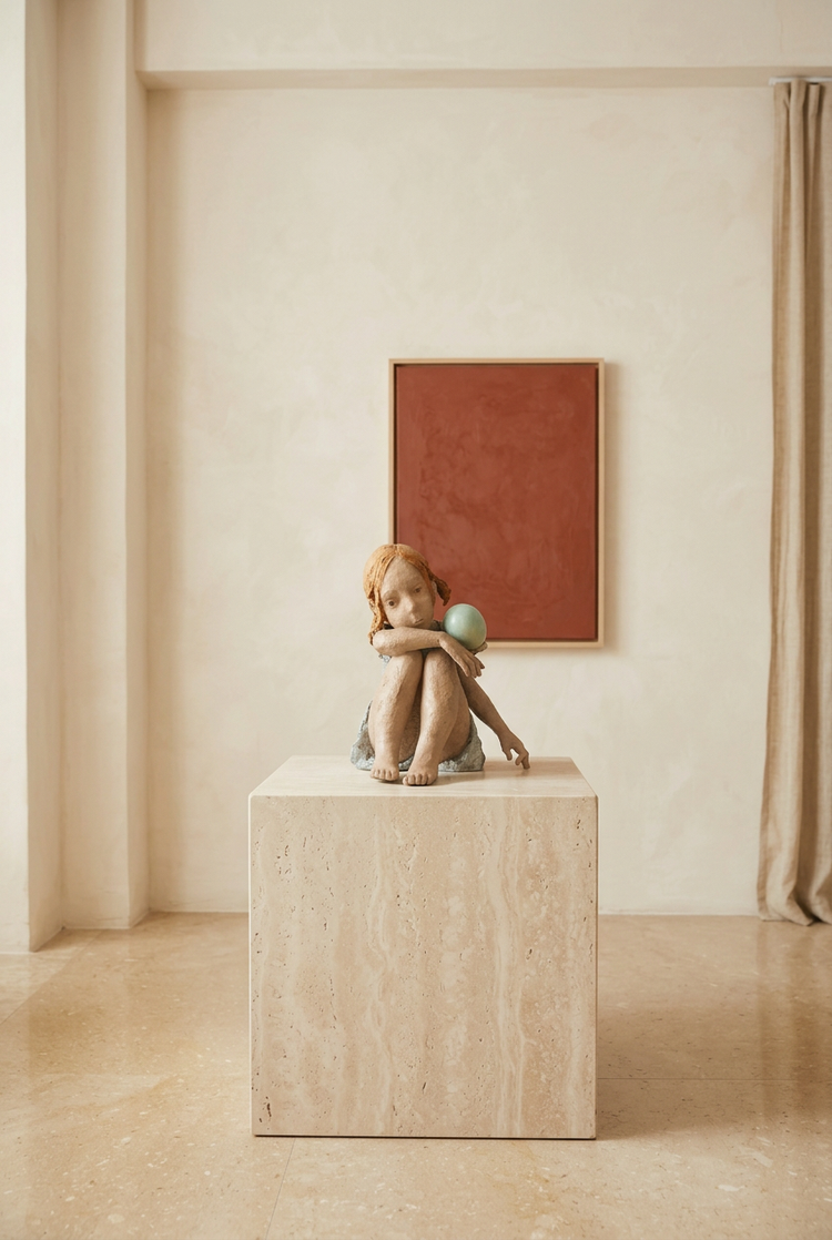 Sculpture de Jurga posée sur un socle en pierre dans un intérieur clair